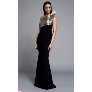 FRASCARA NEW Metallic Plisse Evening One Shoulder Maxi Dress Size 18 Sleeveless